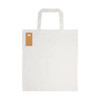 A white cotton bag with short handles and a label, designed for colouring.