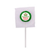 A green lollipop with a white stick, wrapped in clear plastic, featuring a logo on the wrapper.