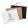 A set of three extra-large paper bags in white, brown, and black, each with handles and a logo.