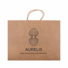 A large brown paper bag with a decorative logo and handles for carrying items.