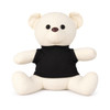 A plush white bear with a black shirt, featuring large black eyes and a brown button nose.