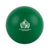 A green round stress ball featuring the logo of Eucalyptus Grove University.