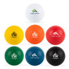 A set of round stress balls in white, yellow, orange, green, black, and red, featuring various logos.