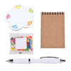 A set of colorful sticky notes shaped like a flower, a small notepad, a bag of jelly beans, and a white pen.