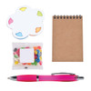 An office gift set including a pink pen, a notepad, jelly beans in a pouch, and a colorful sticky note pad.