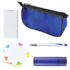 A blue pencil case containing a pen, a set of sticky notes in a flower shape, and a blue highlighter.