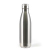 A drink bottle with a sleek silver stainless steel design and a screw-on lid. It features a branding logo.