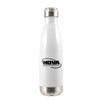 A drink bottle featuring a sleek white design with a stainless steel base and a branded logo.