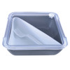 A food container in black with a transparent lid and a divided section, includes a white fork.