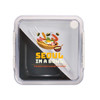 A clear food container with a colourful design featuring various food items and a logo. It has a white lid and included utensils.