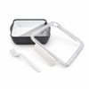 A square, black and white lunch box with a clear lid and a white fork. The lid has a vent.