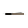 A metal pen in a bronze finish with a black grip and chrome accents, featuring a logo on its body.