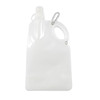 A drink bottle in clear plastic with a carabiner clip and a wide opening for easy filling and carrying.