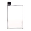 A drink bottle with a transparent body and a black cap, featuring a simple rectangular design.
