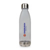 A drink bottle made of clear material with a stainless steel top, featuring a logo.