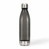 A drink bottle in a sleek grey design with a stainless steel cap and base, featuring a simple logo.