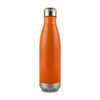 A drink bottle in bright orange with a stainless steel bottom and cap, featuring a sleek design and a logo.