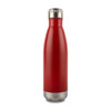 A drink bottle in vibrant red with a stainless steel base and a metallic cap. It features a logo on the side.
