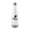 A drink bottle in white with a stainless steel base and a logo design on the front.