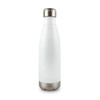 A drink bottle in a sleek white design with a stainless steel base and finish. It features a logo on the front.