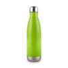 A drink bottle in bright green with a stainless steel base and top, featuring a logo.