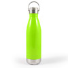 A drink bottle in a vibrant green color features a stainless steel bottom and a metal hanger lid.
