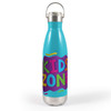 A drink bottle with a turquoise body, silver bottom, and a hanger lid featuring colorful "KIDS ZONE" graphics.