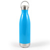 A drink bottle with a vibrant blue exterior and a stainless steel base, featuring a metal hanger lid for easy carrying.