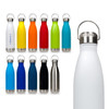 A drink bottle collection featuring various colours, including white, blue, green, orange, and stainless steel, with a hanger lid.