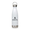 A drink bottle in white with a stainless steel base and a hanger lid, featuring a logo.