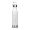 A drink bottle in white with a stainless steel bottom and a hanger lid, featuring a logo.