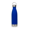 A drink bottle in vibrant blue with a stainless steel base and a hanger lid. It features a sleek, modern design.