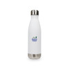 A drink bottle with a sleek white finish and a stainless steel base, featuring a logo on the front.