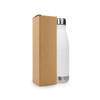 A drink bottle in white with a stainless steel lid, presented alongside a brown cardboard box.