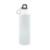 A drink bottle made of aluminum with a sleek white finish and a black lid featuring a sturdy handle.