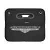 A black cargo storage organiser with a handle and a logo. Features a zippered compartment for miscellaneous items.