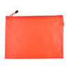 An orange PVC pouch with a zip closure and a drawstring, featuring a textured surface and a branding logo.