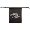 A black drawstring pouch with a logo featuring nautical elements and the text "Ahoy Creek."
