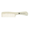 A white comb with a textured finish and a logo on the handle.