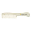 A hair comb in a speckled white design with a sleek handle and a branding logo on the side.