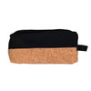 A black and cork utility pouch featuring a zip closure and a handle. Includes a branding logo.