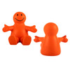 An orange stress reliever shaped like a smiling person, featuring outstretched arms for a fun design.