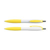 A writing product featuring two plastic pens in white and yellow colors, designed with a textured grip for comfort.