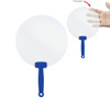 A round, transparent fan with a blue handle, available in two sizes. The larger fan is shown alongside a hand for scale.