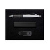 A gift set featuring a sleek pen with decorative accents, a compact USB flash drive, and a stylish box for presentation.