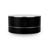 A black coffee mug with a sleek silver band and a smooth, rounded design, featuring a logo.