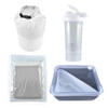 A white dry bag, a clear drink bottle, a transparent storage bag, and a gray food container with a lid.