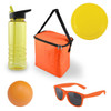 A yellow drink bottle, orange cooler bag, orange ball, yellow frisbee, and orange sunglasses arranged together.
