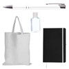 A black notebook, a clear bottle, a white pen, and a white tote bag arranged together. Each item features a logo.
