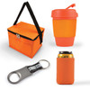 A cooler bag in vibrant orange, a matching insulated drink cup with a lid, a metallic bottle opener, and a can cooler.